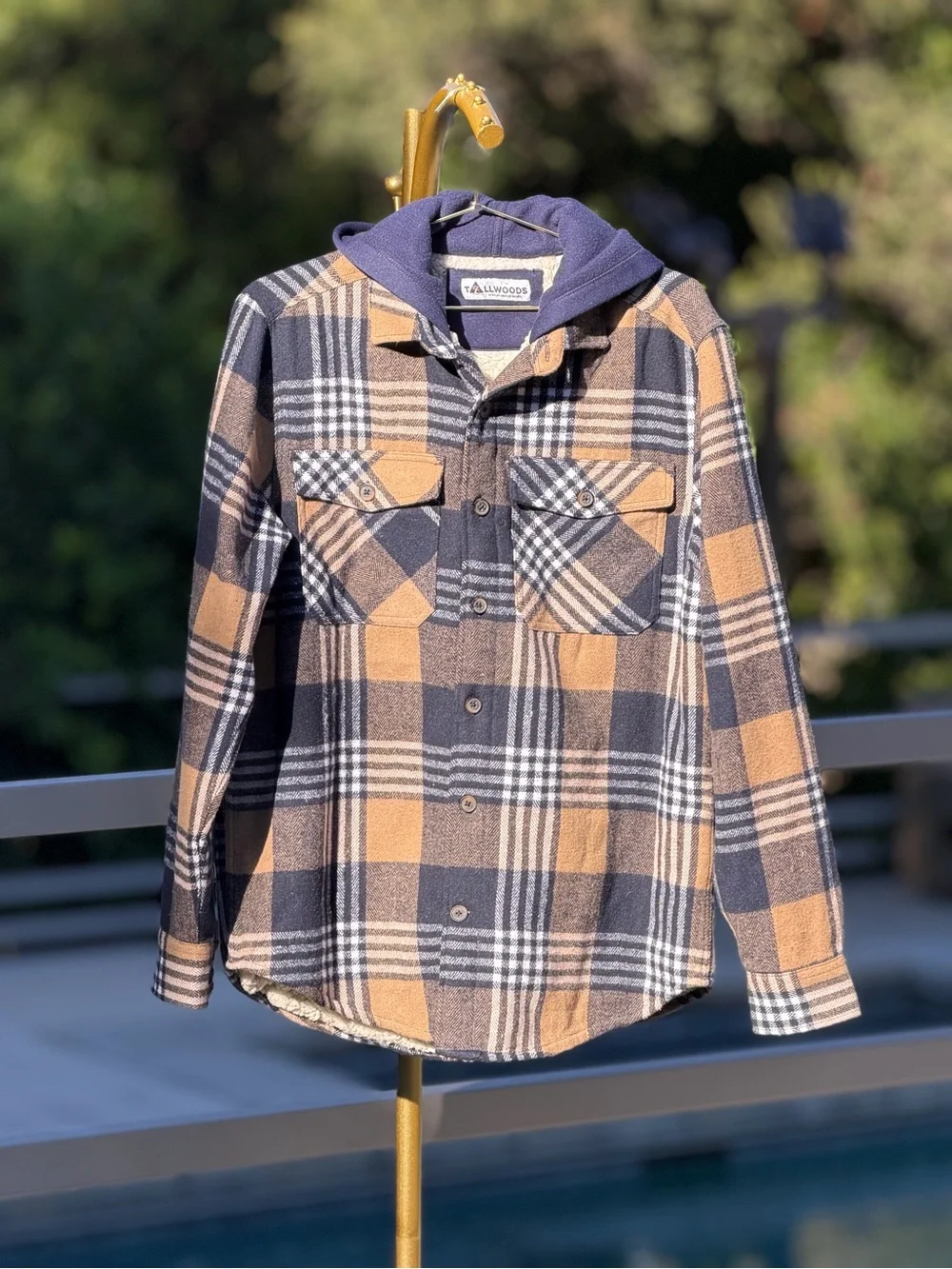 Plaid Button-Up Shacket with Attached Hood - Tan & Navy